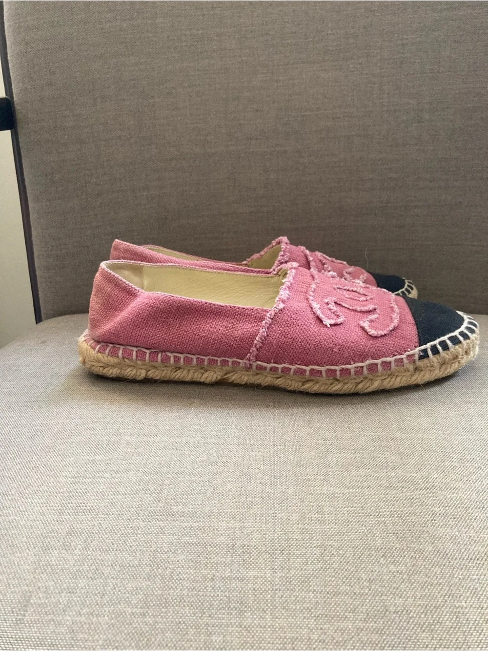 CHANEL Pink Canvas Espadrille Flats with Black Cap Toe